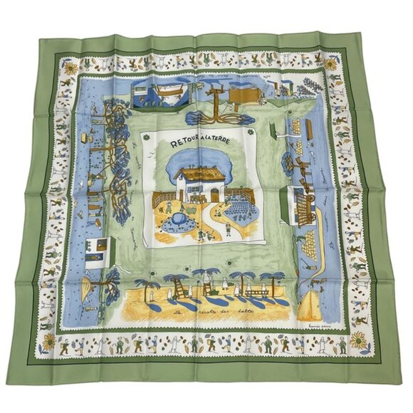 Hermes RE TOUR A LA Terre Return Home Silk Scarf Green